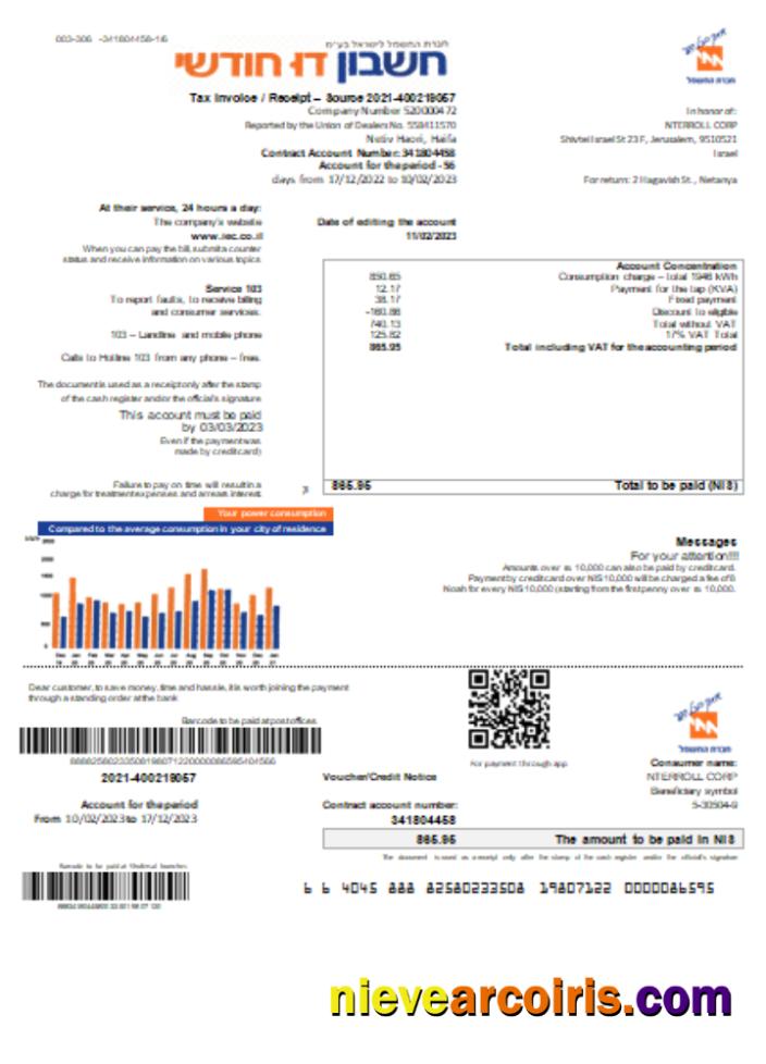 Electric Corporation utility business bill in Hebrew